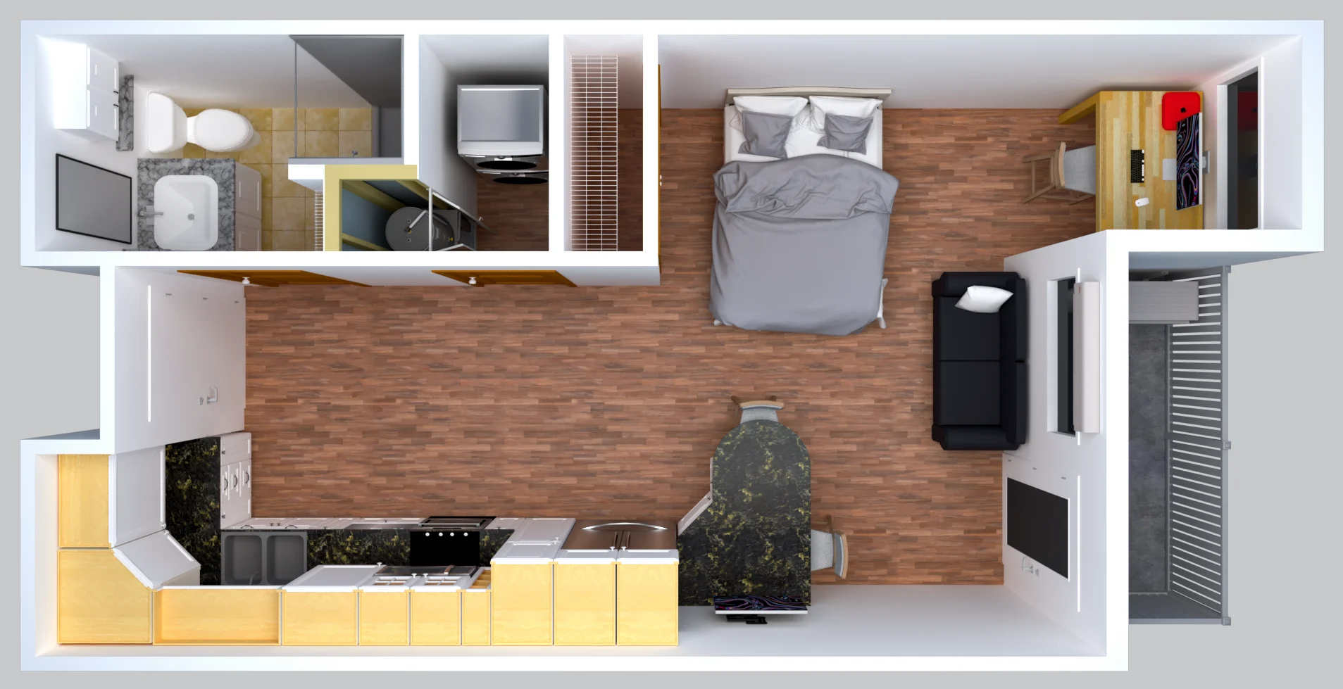 Studio apartment (1+kk) layout in Czech Republic.